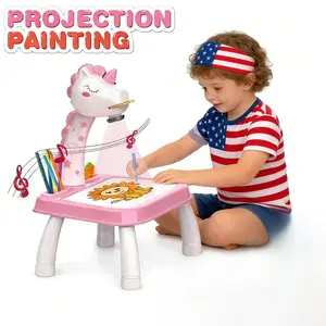 Unicorn Drawing Projector Activity Table Set for Kids Boys Girls, Includes 3 Projection Discs, 24 Patterns, Watercolor Pens, Coloring Book, Perfect Gift