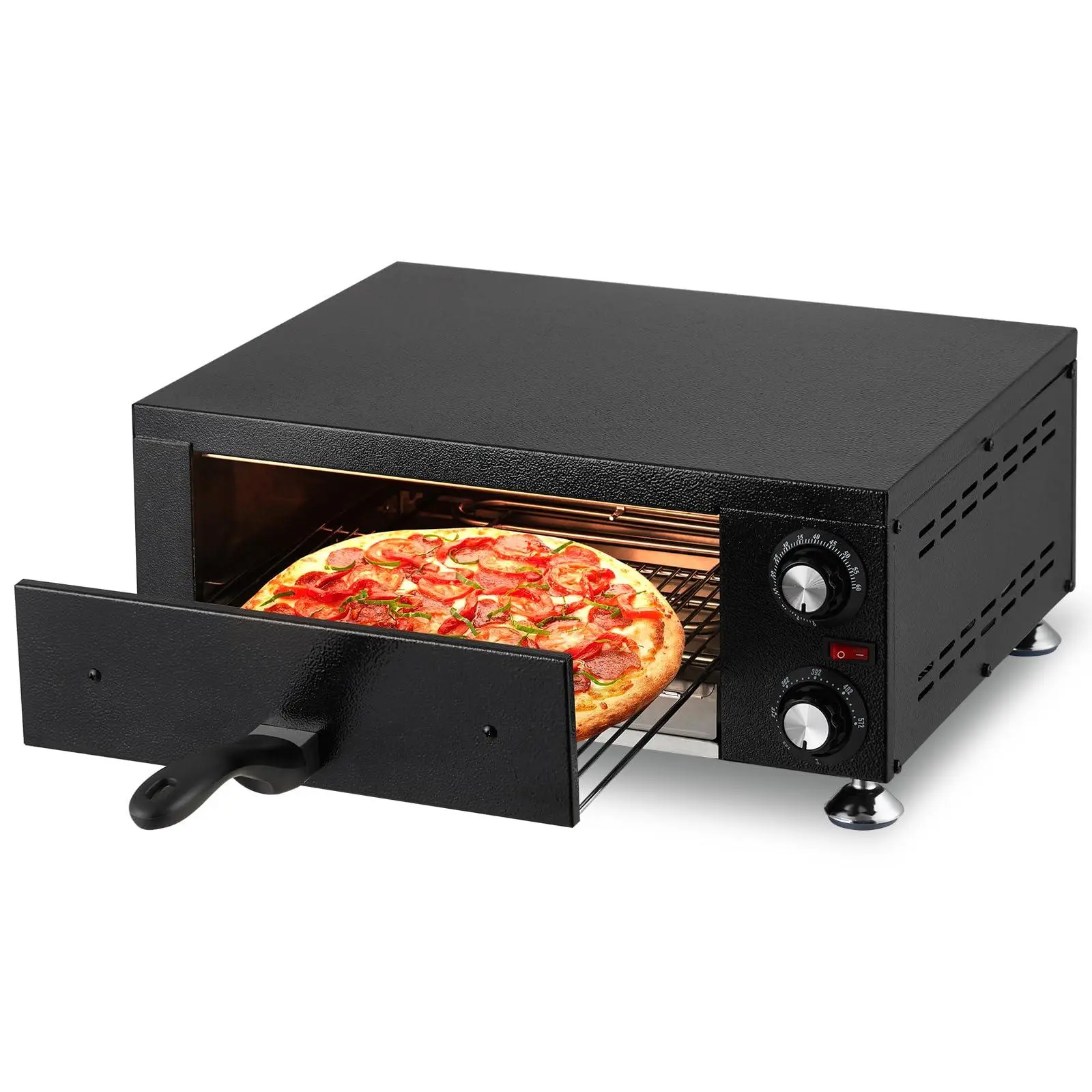 Black Professional Electric Pizza Oven – 12 Inch 1100W 110V Single Deck Stainless Steel Countertop Pizza Maker, with Removable Crumb Tray, Timer, Commercial-Grade, Ideal for Home Kitchens, Restaurants