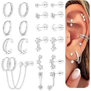 Florideco Small Gold Earrings for Women Hypoallergenic 20G Surgical Stainless Steel Flat Back Stud Earrings Dainty Stackable Earring Stacks Hoop Cartilage Earring Sets for Multiple Piercing Ear Studs Gold Plated Hoop