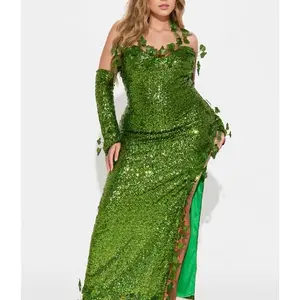 Halloween Lady Poison Ivy Fairy Costume Fake Leaves Sleeveless Sequin Tight Long Dress with Gloves Carnival Role Play Party Costume
