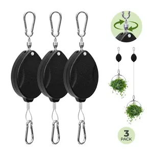 Bamword 3-Pack Retractable Plant Hanger Pull Down 63 Inches Adjustable Heavy-Duty Metal Hooks with Anti-Swing Design Foldable Plant Pulleys for Hanging Plants Bird Feeders Garden Watering Black Decor Organiser Smooth Stainless Steel