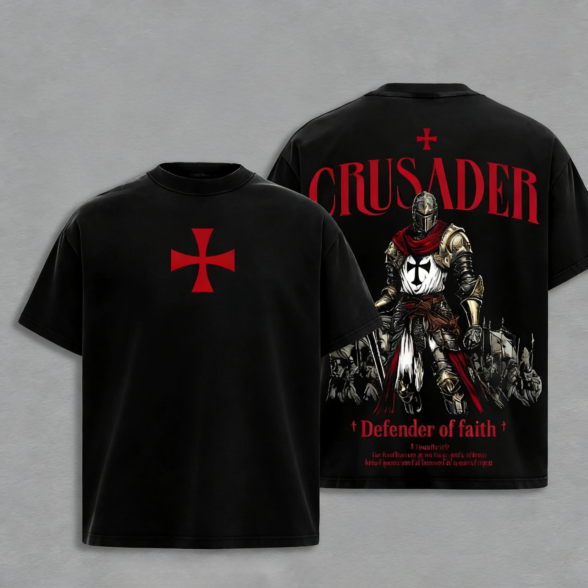 Crusader Defender of Faith Vintage Washed Oversized T-Shirt,Timothy 1:7 Scripture Knight Graphic Tee, Heavy Cotton Medieval Christian Streetwear Top, Unisex Dark Gothic Warrior Shirt