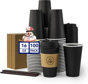 16 oz Coffee Cups-100 Pack, Disposable Black Hot Paper Cups with , Sleeves and Stirrers for  Kinds of Beverages
