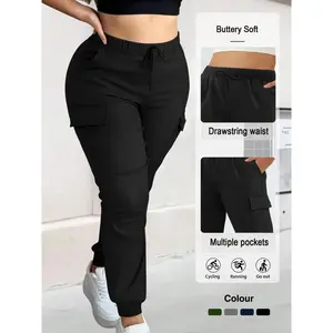 Women's Plus Size Fashion Solid Color Cargo Pants, Waist Drawstring Elastic Design, Comfortable Casual Wear, Perfect for Christmas