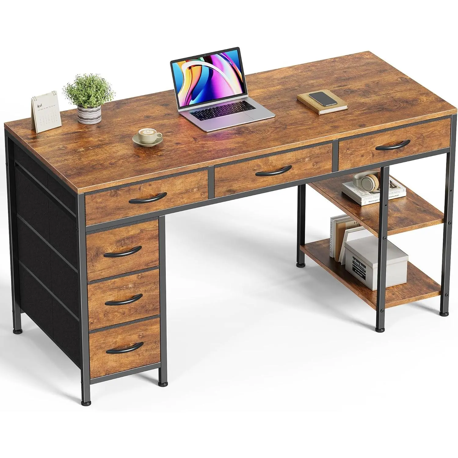 Huuger Computer Desk with 6 Drawers, 47 Inch Office Desk with Shelves, Reversible Gaming Desk, Corner Desk with Storage, Work for Home Office, Study, Living Room, Rustic Brown