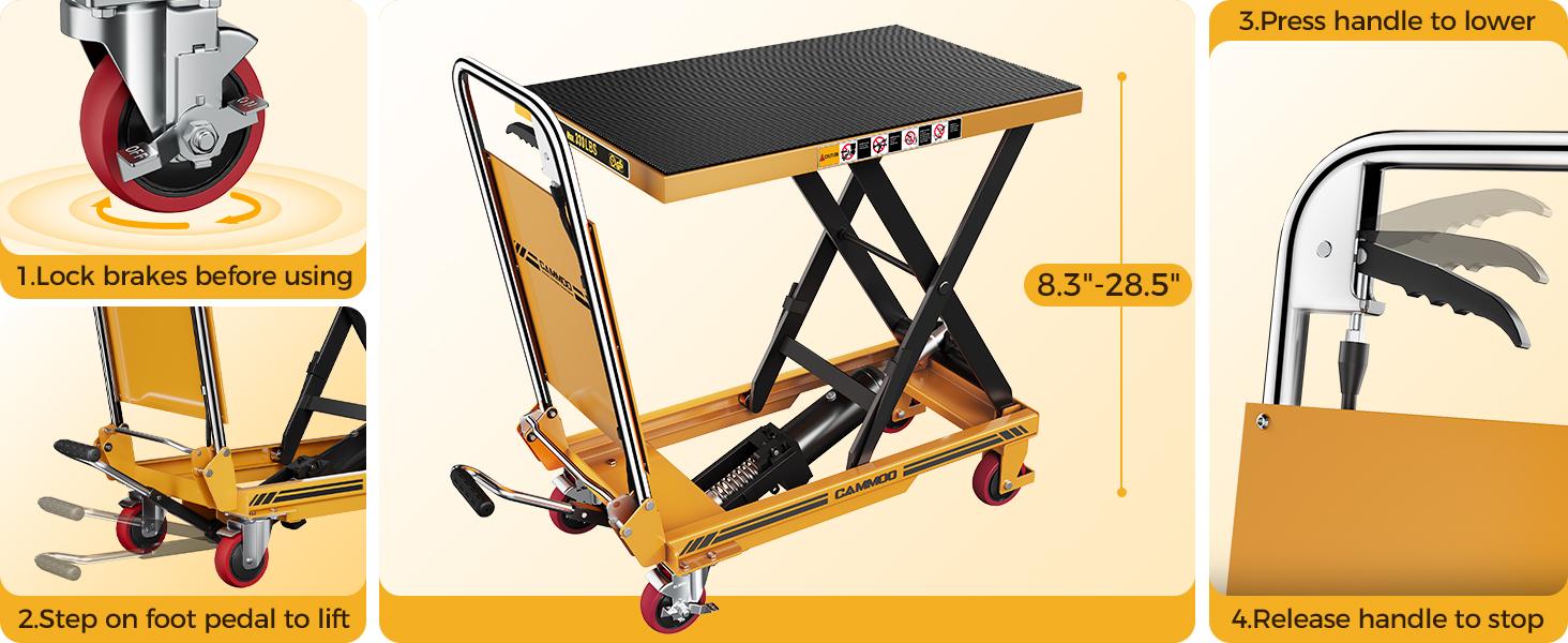 CAMMOO Foldable Hydraulic Lift Table Cart, 330lbs Capacity, 28.5" Lifting Height, Single Scissor Lift with Non-Slip Pad & Thickened Scissors Design for Material Handling and Transportation, Yellow