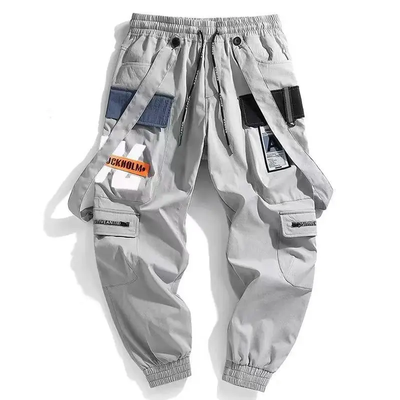 Men's Letter Print Patched Drawstring Waist Cargo Pants, Casual Loose Multi-pocket Belt Decor Convertible Trousers for Daily Wear, Fashion Men's Bottoms for All Seasons