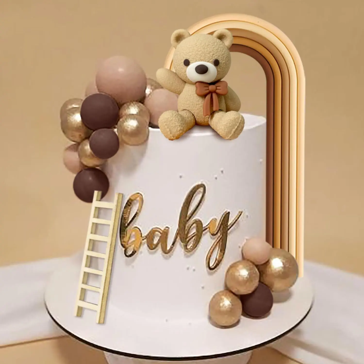 Boho Bear Cake Topper Set with Beige Brown Balls & Gold Accents for Baby Showers & Birthdays Adorable Teddy Bear Decoration for Custom Cake Designs