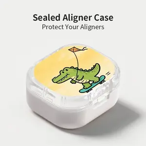 Cute Kite-Flying Skateboard Crocodile Print Aligner Case, Sealed Leak-Proof Orthodontic Retainer Box, Portable Dust-Proof Storage for Students Adults Travel