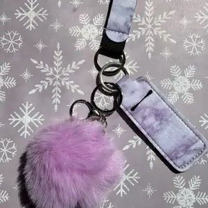 Fuzzy Purple Keychain with Tie-Dye Strap and Snowflake Design for Winter Accessories