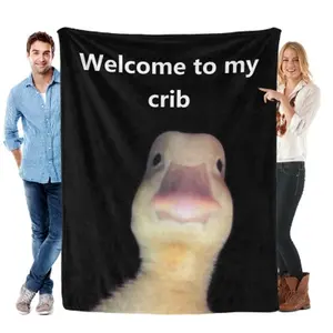 Funny Meme Duck Throw Blanket - Welcome To My Crib Slogan, Cute Close-Up Duck Print, Black Base Soft Flannel, Quirky Teen Bedroom Decor & Novelty Gift