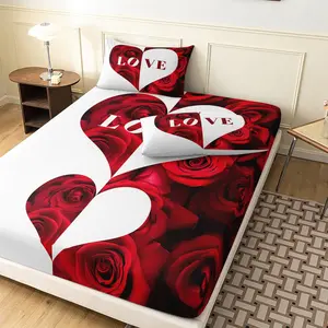 3Pcs Romantic Red And White Rose Heart Deep Pocket Bed Sheet Set (1 Bed Sheet + 2 Pillowcases Without Pillow Inserts), High-Definition Print for Home And Dorm Use