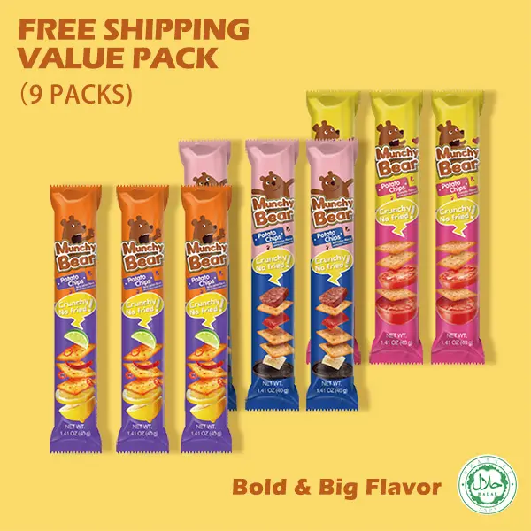 Munchy Bear Cracker Chips - Big Bold Flavor Spicy & Tomato Varieties, Halal, ISO/HACCP-Certified Healthy Crispy Snacks for Gen Z Office Breaks & Gatherings