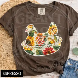 Sunflower Chicken Applique Shirt | Comfort Colors Farmhouse Hen Tee | Floral Chicken Embroidery Shirt | Country Farm Graphic T-Shirt