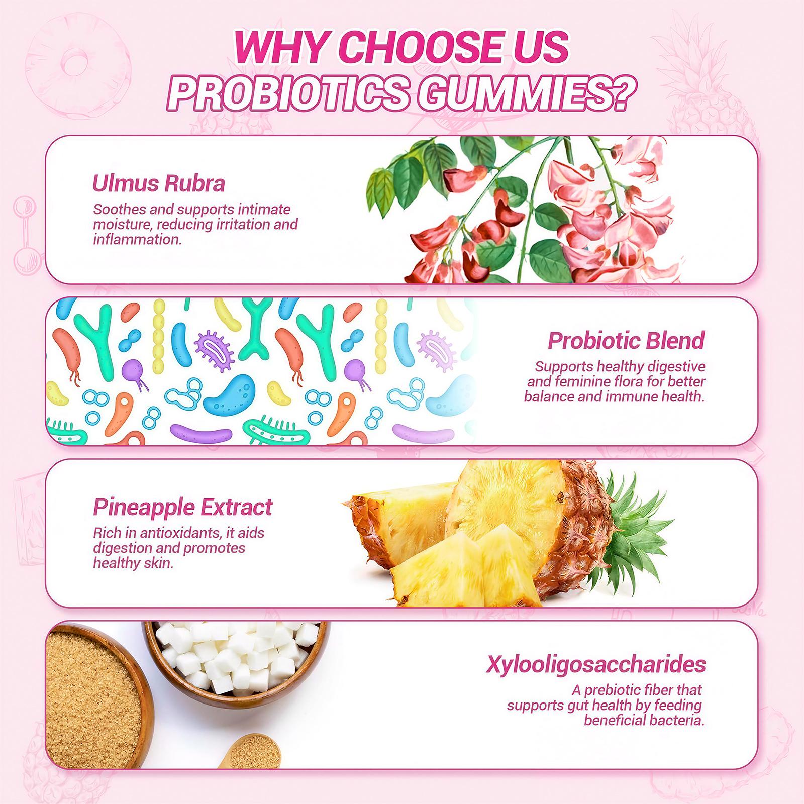 BJBKKBZ Women's Probiotic + Slippery Elm Gummies, Pineapple Flavor, Supports pH Balance, Yeast Balance & Intimate Health, 60 Count Dietary Supplement