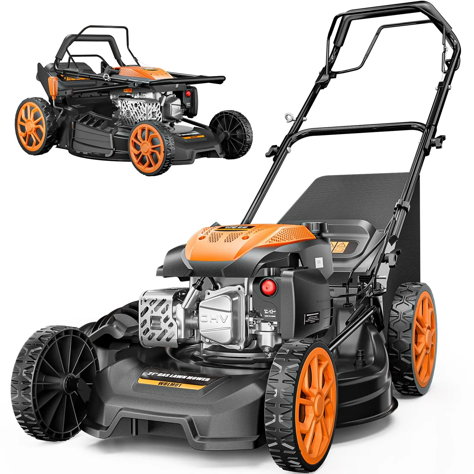 Efurden 21” Self-Propelled Gas Lawn Mower, 170CC 4-in-1 Mulch/Rear Bag/Side Discharge/Rear Discharge, Walk-Behind Lawnmower with 7-Position Cutting Height, Foldable Gas Lawn Mowers for Yard Garden