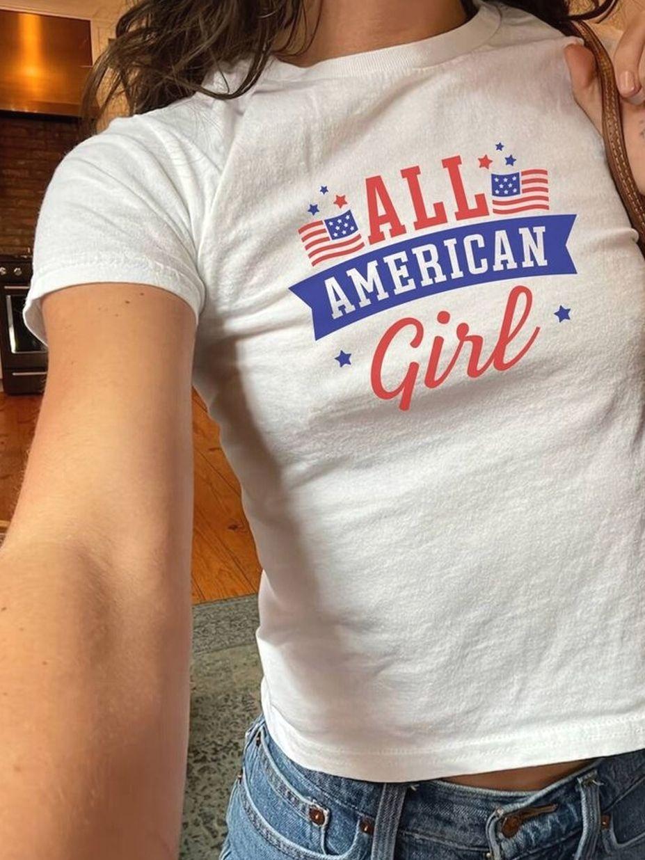 All American Girl Independence Day Baby Tee y2k, Red White and Blue Shirt, 4th of July Shirt, USA Shirt, Independence Day Gift