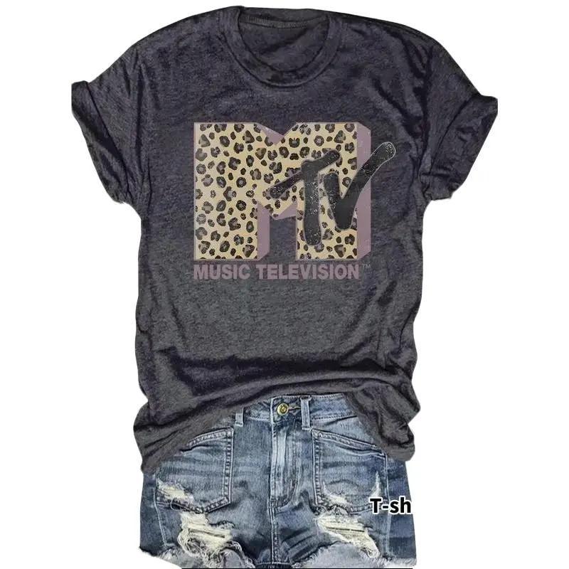 Women's MTV Leopard Print Round Neck Tee Fitted Short Sleeve T-Shirt for Summer Casual Wear Ladies Clothes Top with Unique Print and Durable Fabric