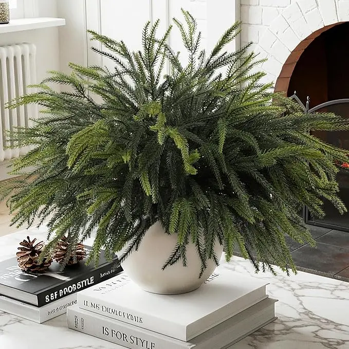 12Pcs Christmas Norfolk Pine Stems, 24 Inch Lifelike Real Touch Artificial Norfolk Pine Branches, Flexible Faux Greenery Stems for DIY Christmas Arrangements,  Indoor Outdoor Decor for Mantel Stair Railing Front Door Window Porch