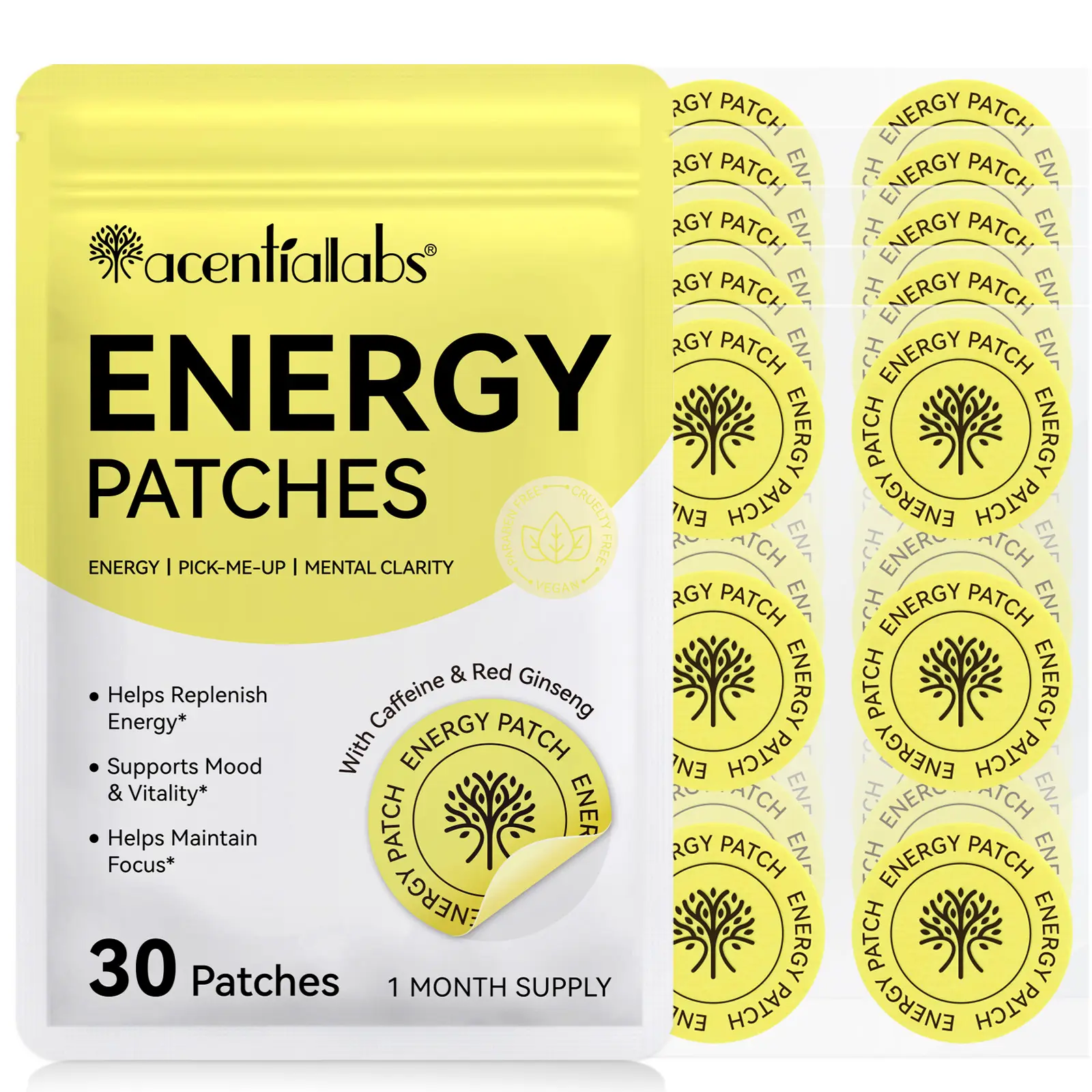 acentiallabs Energy Patches (30 patches), enriched with caffeine, B vitamins, and other ingredients, are easy to use and absorb quickly. They help relieve morning drowsiness and sleepiness at work, enhance focus, and refresh the mind.