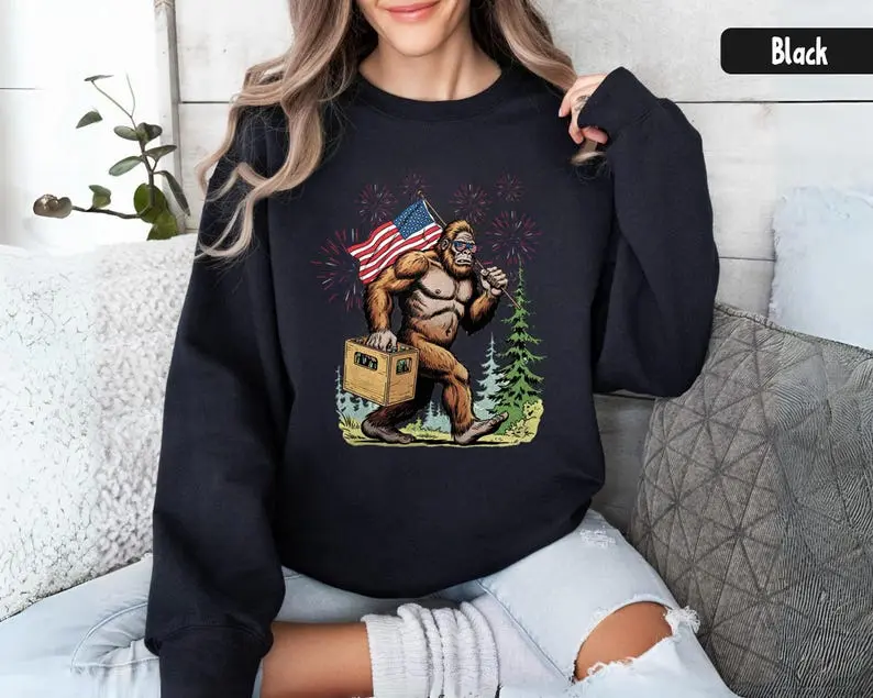 Men's Casual Cotton Fitted Lightweight All-Seasons 4th of July Tee, Patriotic Sasquatch Sweatshirt, American Flag Hoodie, Funny Beer Lover Top, Fourth of July Dad Gift - KitchenEra