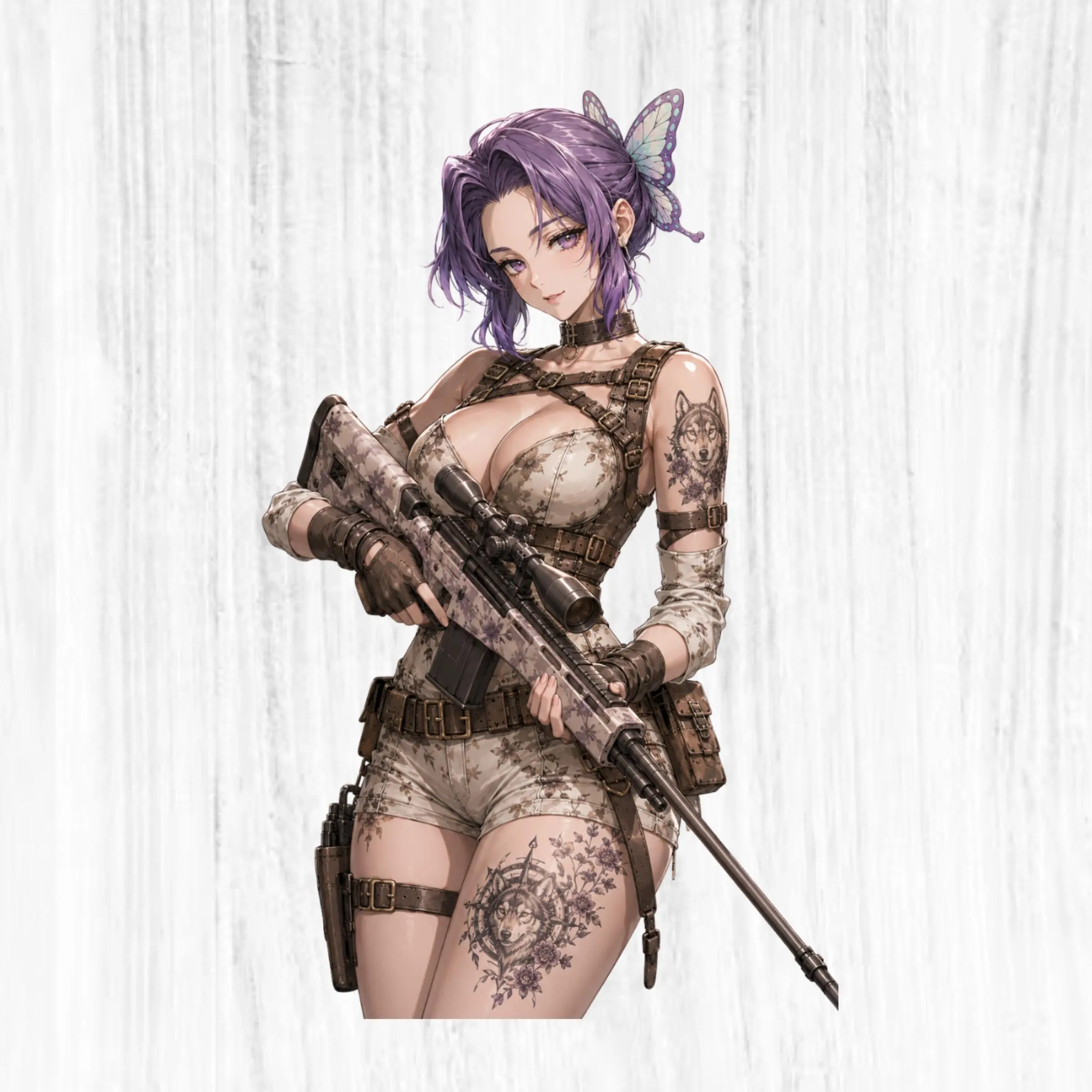 Purple Hair Huntress Anime Sticker, Tactical Sniper Hunter Girl Decal, Forest Hunting Tattoo Sticker for Laptop Tumbler Car