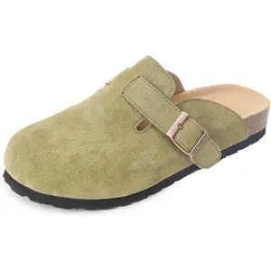 Unixsex Cork Suede Clogs and Mules,Leather Clog Women,Suede Clog Men,Soft Leather Sandal,House Slipper,Skin-Friendly Footbed,Adjustable Buckle,Arch Support