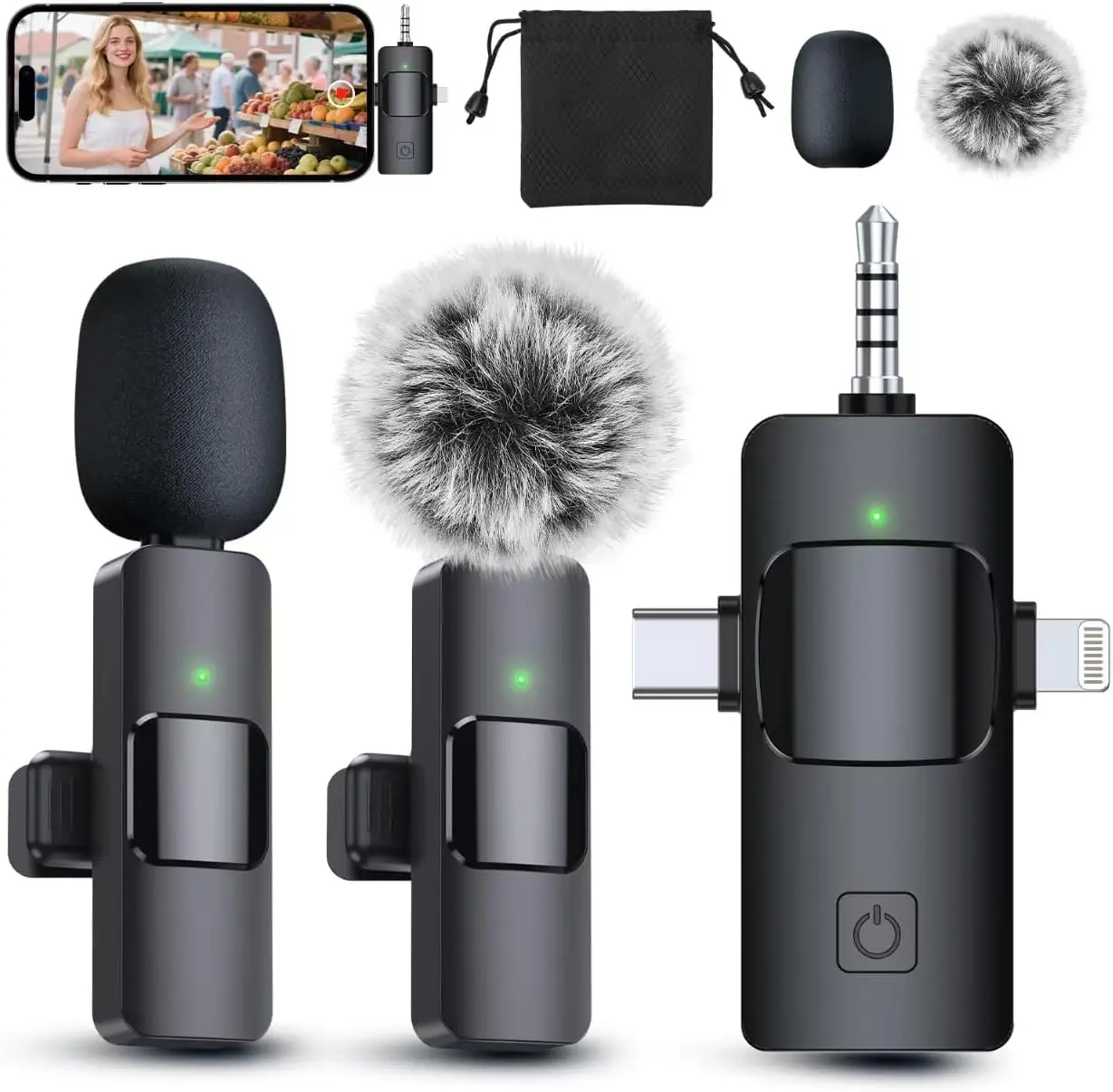 3 in 1 Professional Wireless Lavalier Microphone for iPhone/Android/Camera, Wireless Microphones, Mini Microphone, Crystal Clear Sound Quality for Recording, Live Streaming, Clips-Elegant Black
