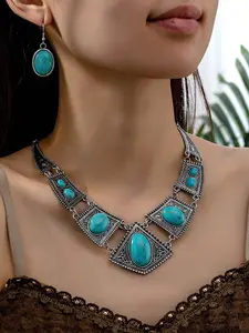 Boho Style Turquoise Decor Jewelry Set, Vintage Style Necklace & Dangle Earrings, Fashion Jewelry Accessories for Women As Gift