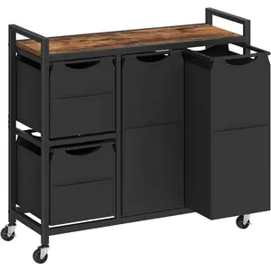 Laundry Sorter with 4 Section, 34 Gal. (127 L) Laundry Hamper with Wheels, Rolling Laundry Basket with Shelf, Pull-Out Detachable Bags, Side Pockets, Rustic Brown and Black BF14XY01N1