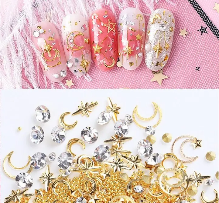Moon and star Rivet Glitter Nail Studs Metal Decoration/ starry sky design Nail supply Metallic studs