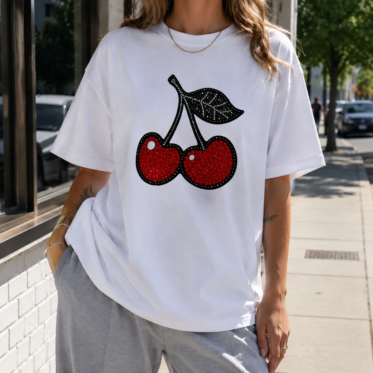 Y2K Glitter Graphic T Shirt For Women Sparkly Rhinestone Cherry Art Print Oversized Crewneck Short Sleeve Top Trendy Retro Casual Weekend Outfit Apparel
