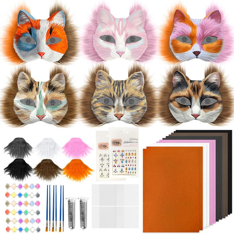 37Pcs Therian Mask DIY Set White Cat Mask Base with Faux Fur Eye Mesh Whiskers and Painting Tools for Costume Party Cosplay Halloween Costume fnaf  mask Felt Kit