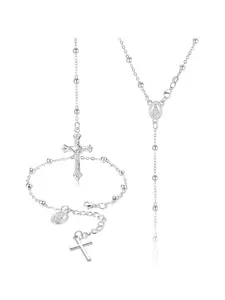 2 Pcs Silvery Exquisite Catholic Rosary Jewelry Set for Women Men Religious Christian Alloy Jewelry Set for Prayer Confirmation Baptism Gift Giving Rosary Necklace Rosary Bracelet with Miraculous Medal Cross
