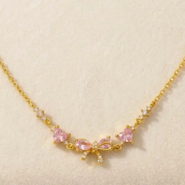 Women's Dainty Bow Pendant Crystal Necklace - Blush Pink Gold-Tone, Sparkling Zircons, Adjustable Length Chain, Casual Everyday Wear Fashion Costume Jewelry