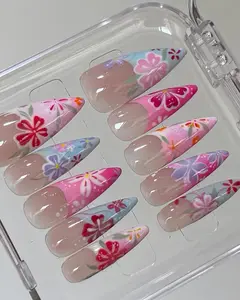 Hand Painted Hibiscus Flower Press On Nails, Vibrant Summer Floral French Tip Fake Nails, Tropical Beach Vacation Nails