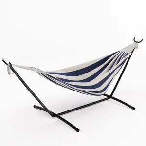 Double Cotton Hammock with Steel Stand for 2 Person, 450lbs Capacity - Portable and Comfortable Indoor Outdoor Lounger with Carry Bag for Backyard, Garden