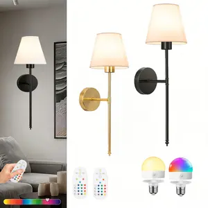 Battery-Powered Metal Wall Sconce Set of 2, Rechargeable Dimmable 15-Color LED Lighting, Remote-Controlled Linen Shade, Modern Semi-Flush Mount, Includes Hardware for Bathroom & Living Room