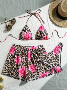 Women's High-Waisted Bikini Set, Adjustable Triangle Straps, Retro Style Swimwear for Beach Pool Party Vacation, Floral Print Bikinis