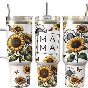 Mama 40oz Sunflower Tumbler - Reusable Water Bottle with Floral Design, Ideal for Gifts and Portable Use cup