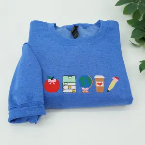 School Icons Teacher Life Embroidered  Sweatshirt, Teacher Crewneck, Teachers Day Gift Ideas, Cool Teacher Gift