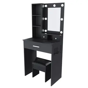 Vanity Table with Mirror & Adjustable LED Lights, Power Outlet, Hairdryer Holder & Stool – Compact Dressing Desk for Small Bedrooms(Black)