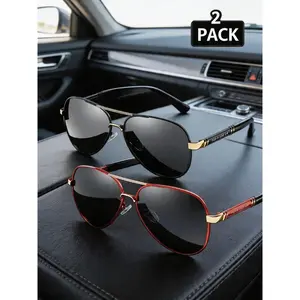 Unisex Full Rim Metal Polarized Aviator Frames Sunglasses (2 Pairs) - Durable, Anti-Glare PC UV-Protection Lenses, Ideal for Driving, Outdoor Activities