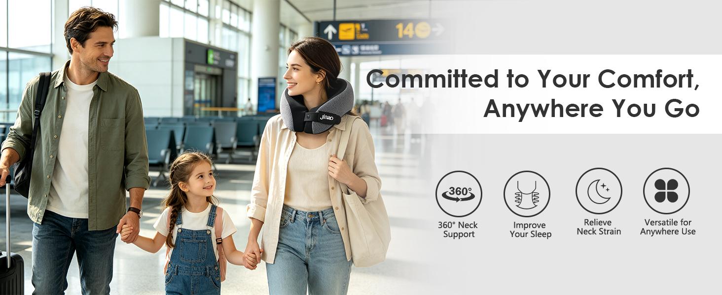 JIAAO Travel Pillow for Airplane, Memory Foam Neck Pillow with 3D Eye Mask & Earplugs, Adjustable Travel Neck Pillow with Portable Bag for Long Flights