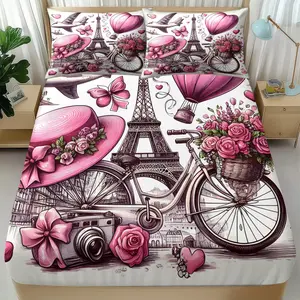 Pink Paris Romantic Fitted Sheet Set, Bedsheet Sets, 3 Pcs (1 Fitted Sheet + 2 Pillowcases No Filler) Uses Soft Printing and Light Fit Fabric with Pink Eiffel Tower Pattern, Ideal for Girly Users, Romantic Fans and Decor Groups, Fits Bedrooms, Dorms