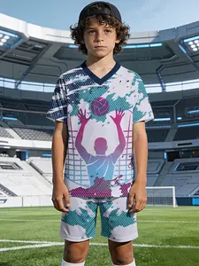 Pink and blue splash ink volleyball boys' V-neck sports short-sleeve shirt and shorts set, 100% polyester, casual and loose fit, stylish and fun printed patterns for summer, suitable for outdoor physical activities and daily casual wear in summer, a perfe