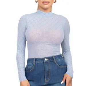Rhinestone Muse Collection - Mesh Bodysuit Patron Diamonds Long Sleeve Top with Rhinestone Detailing