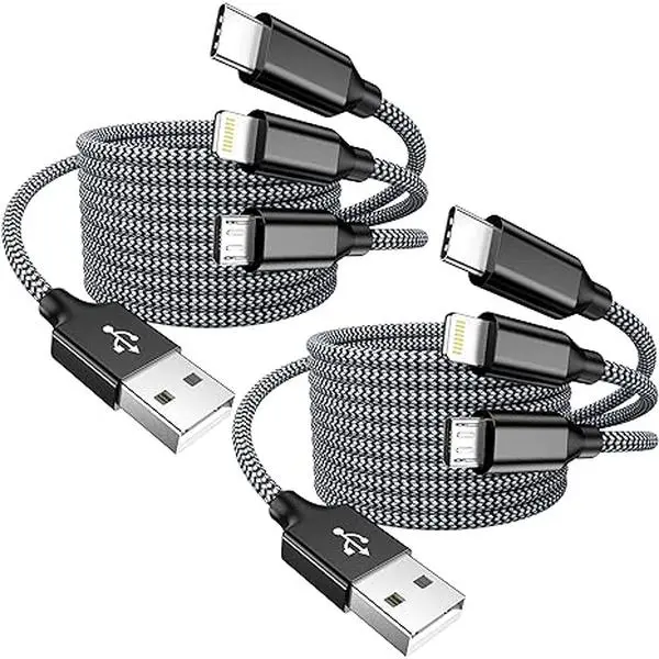 3-in-1 Phone Charging Data Cable, 2 Pack Charging Cable,  Multi Charging Cable 3 in 1 USB Nylon Charger Cord (4FT, 2PCS) Universal Chargers with Lightning, Type-C, Micro USB Port for Multiple Devices Aluminum Android