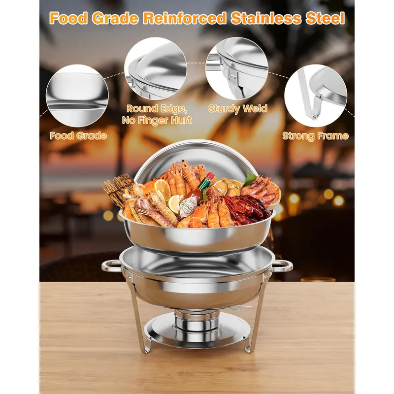 Garvee Round Professional Stainless Steel Chafing Dish 5QT Round Buffet Server & Warmer Rust Resistant Casserole Cooking Container 2 4 or 6 Pack Options