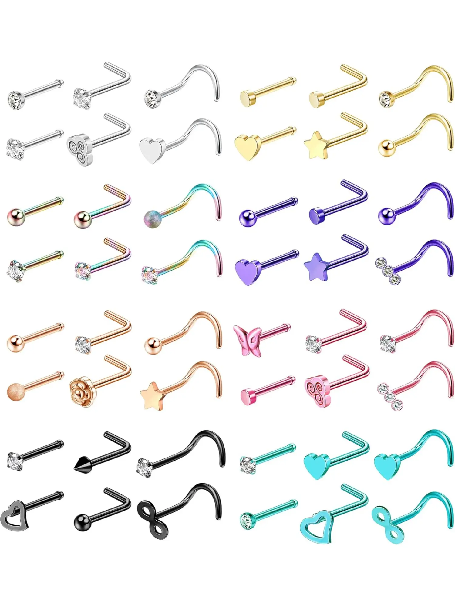 48Pcs 20G Nose Rings for Women Men Mix Color Stainless Steel Nose Studs Set Gold Black Corkscrew L-Shaped Nose Piercing Pack Piercings Jewelry Nose Piercing Jewelry